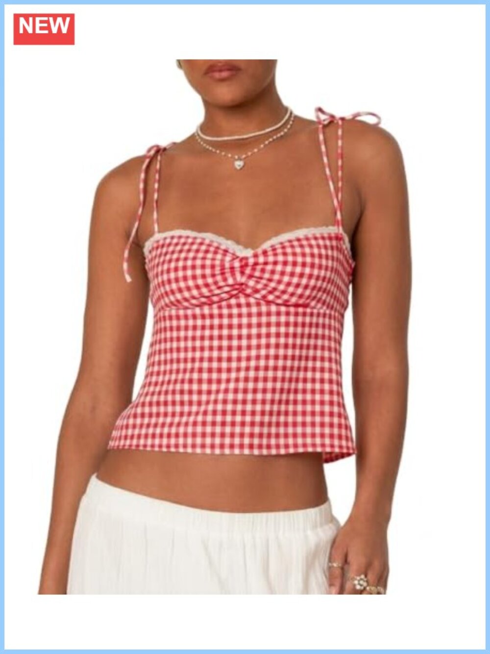 Women Y2K Gingham Plaid Crop Tank Top Square Neck Lace Trim Tie Front Button